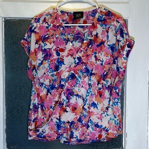 W5 Women’s Pink multicolor Floral Faux Wrap Short Sleeve Blouse Size large